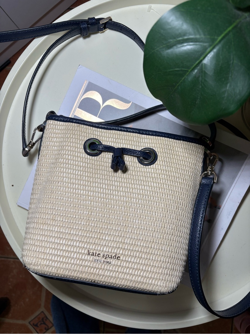 kate spade Cream and Navy Straw Crossbody Bucket Bag - Picture 2 of 7